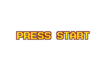 Pixel art cartoon retro style with text " PRESS START " on white background.