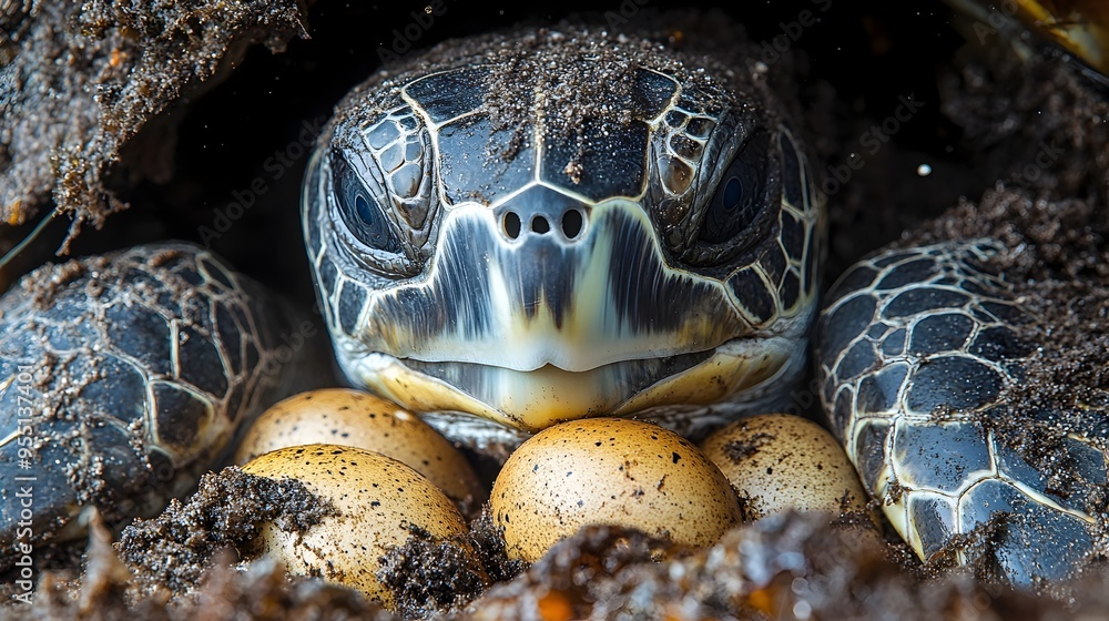 Aufkleber closeup shot of a sea turtle delicately arranging each egg in its sandy nest on the beach the turtle