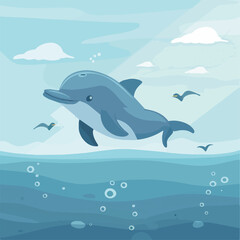 Cute Dolphin Jumping Ocean Wildlife Sea Animals Cartoon Illustration Background