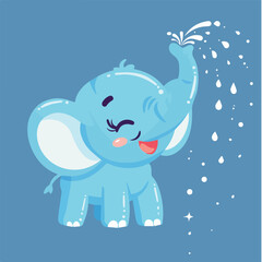 Cute Blue Cartoon Baby Elephant Spraying Water Fun Playful Character IllustrationDesign Animal Wildlife Mammal Trunk Waterdrop Splashing Shower Bathing Joy Happy Smiling Isolated Background Children