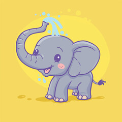 Cute baby elephant showering playful cartoon animal illustration isolated on yellow backgroundimage for kids design tshirt mug banner sticker book illustration greeting card digital marketing print