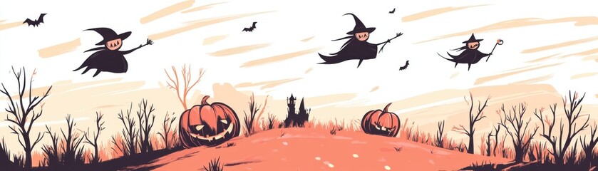 A whimsical Halloween scene with flying witches, pumpkins, and spooky trees, perfect for festive decorations or party invitations.