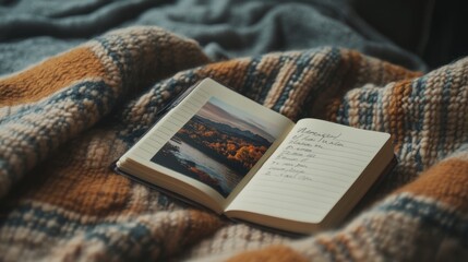 A close-up of a notebook with a personalized cover, with a photo of a scenic view and a handwritten title, set against a cozy blanket.