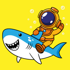 cute diver riding a shark. cartoon vector. illustration.
