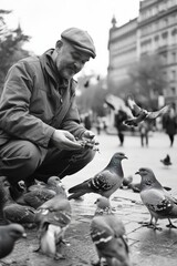 A man feeding pigeons in a city square, with his dog watching curiously from beside him. The pigeons flutter around in excitement.