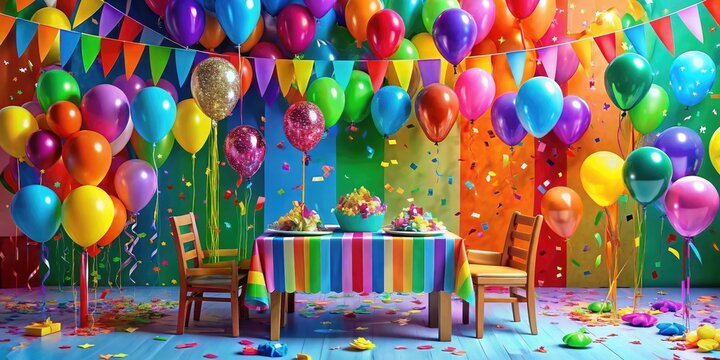 Vibrant balloons, colorful streamers, and confetti-covered tables create a festive atmosphere in a bright and cheerful background perfect for birthday celebration designs.