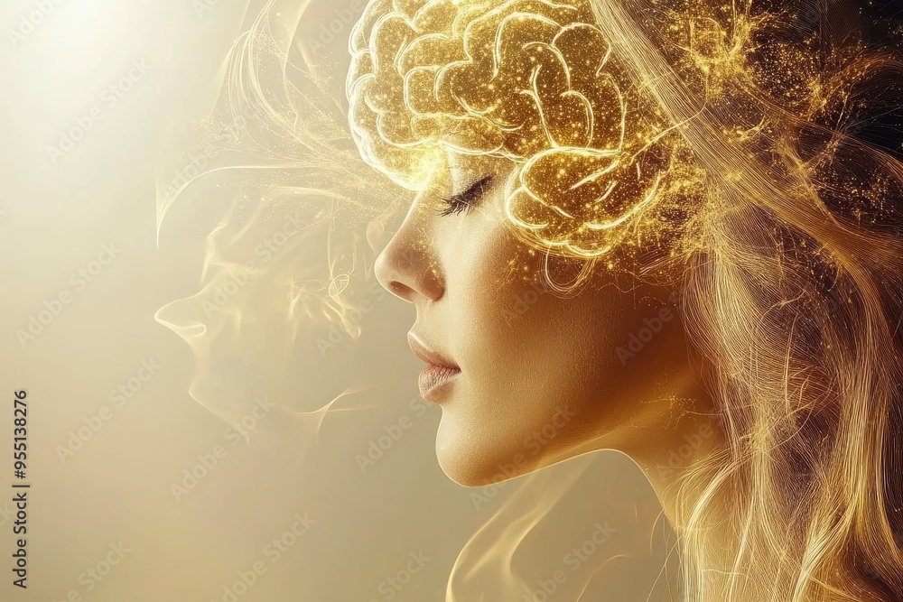Poster parallel thinking cognition a womans profile with glowing neurons symbolizing the fusion of imaginat