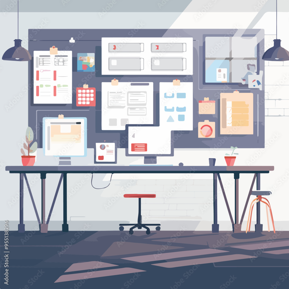 Poster modern office workspace interior design with desk computer and planning board with sticky notes docu