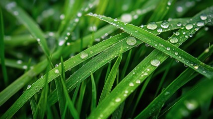 A close-up of dew drops on a patch of grass blades, capturing the delicate and fresh early morning beauty.