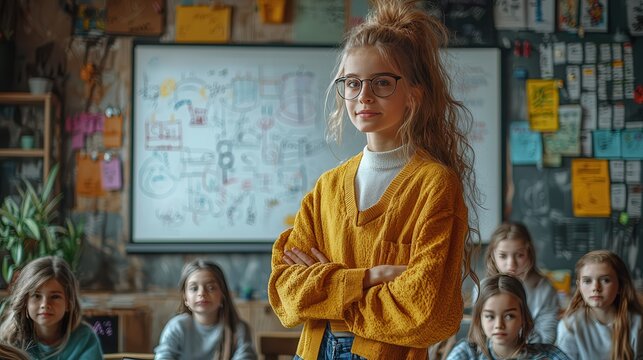 Engaging Math Lesson: Teacher Explaining Problem on Digital Whiteboard to Attentive Students in Classroom