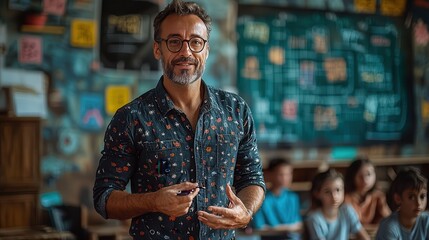 Engaging Math Lesson: Teacher Explaining Problem on Digital Whiteboard to Attentive Students in Classroom