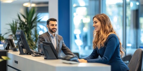 Bank teller assisting a customer with banking services in a modern bank branch professional and personalized service