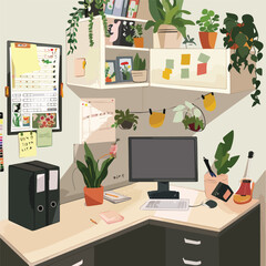 Home Office Desk Setup with Computer Workspace Decorated with Plants Minimalist DesignIllustration