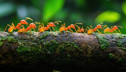 Obraz premium A Line of Red Ants Navigating a Mossy Log in Their Natural Environment, A Close-Up View of the Tiny Creatures Working Together to Traverse the Obstacle, Nature's Wonders in Detail, Ants on a Log