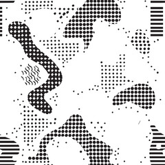 Fototapeta premium Black and white abstract seamless pattern background dots stripes memphis modern trendy retro pop art design elements illustration vector cool funky graphic resource apparel textile print branding