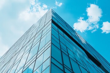 A tall modern glass building reflecting the sky and clouds.