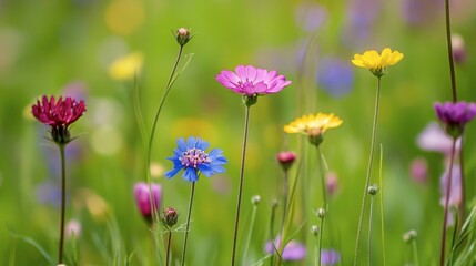Fototapeta premium A close-up of wildflowers growing among the grass in a meadow, with vibrant colors and delicate details against a green backdrop.