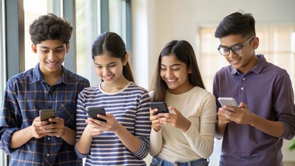 Obraz premium Happy Indian Teens Using Phones During Break Time 
