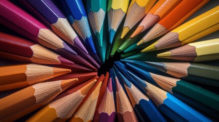 A colorful collection of pencils arranged in a spiral pattern, with each pencil pointing towards the center, creating a visually striking image.