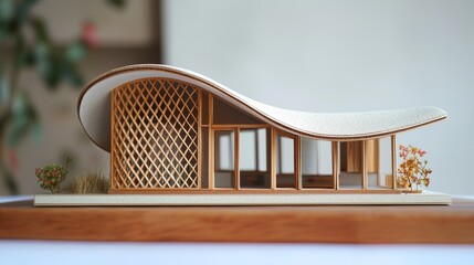 A scale model home with curved roof eaves and wooden lattice windows