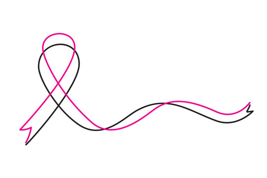 Breast cancer awareness month, ribbon with continuous line art isolated on transparent background, vector design template for poster