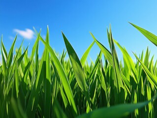 Obraz premium Green Grass Blades Under a Blue Sky A Symbol of Unity, Teamwork, and Support The Lush Grass Represents a Strong Foundation, Like the Support a Team Provides, Working Together Towards a Shared Goal