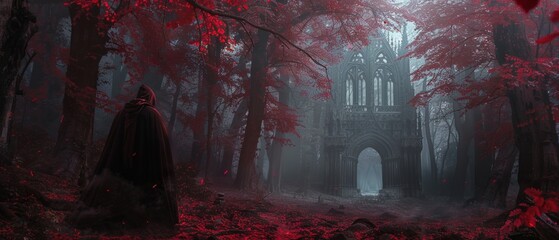 Fototapeta premium Mysterious figure before gothic cathedral in red forest