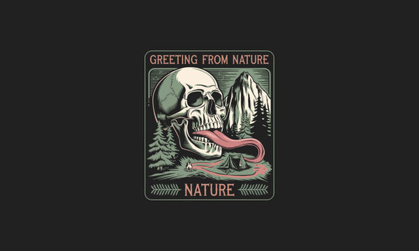 A skull with a long tongue amidst a dark nature scene.