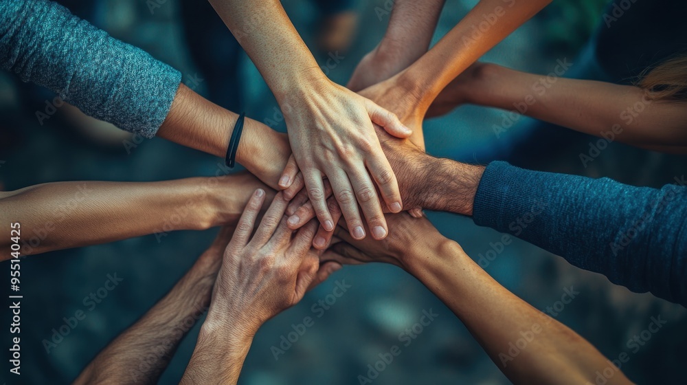 Aufkleber teamwork, collaboration, support hands joined together in a symbol of unity and strength for overcom