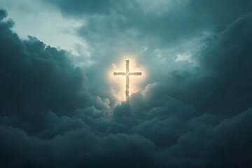 Naklejka premium A glowing cross is prominently displayed in a cloudy sky, radiating light through the clouds