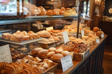 Fototapeta premium gluten-free bakery display case filled with delicious pastries and breads, labeled clearly as gluten-free, with a cozy and welcoming bakery atmosphere