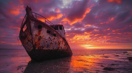 Fototapeta premium Abandoned rusty boat on shore at vibrant sunset
