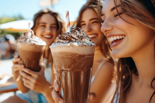 group of friends enjoying chocolate milkshakes at an outdoor cafe, with focus on the milkshakes and their joyful expressions, against a sunny backdrop - Powered by Adobe