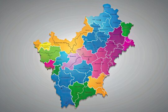 Vibrant colored map of Telangana state, India, highlighting its 33 districts with clear boundaries, rivers, and roads, set against a subtle gradient background.