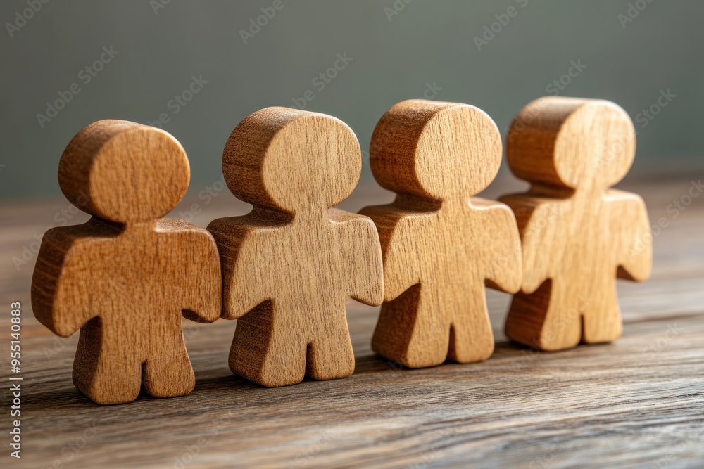 Poster the power of teamwork four wooden figures standing together, symbolizing unity in task-oriented coll