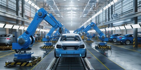 Naklejka premium A white car moves along an automated assembly line in a factory, with blue robotic arms working on its construction.
