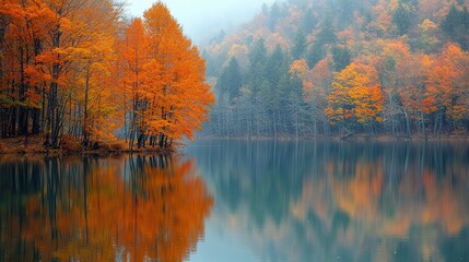 Obraz premium Tranquil Autumn Reflections: Serene Lake Surrounded by Vibrant Trees in Fall Foliage