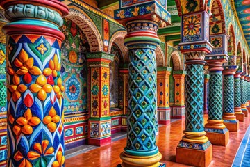 Naklejka premium Vibrant, colorful, and intricately decorated traditional Mexican architectural columns and walls with ornate carvings, tiles, and patterns, evoking a rich cultural heritage.