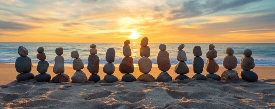The Power of Teamwork How Persistence and Collaboration Lead to Balance and Success, Inspired by a Stunning Beach Sunset with a Row of Perfectly Balanced Rock Stacks