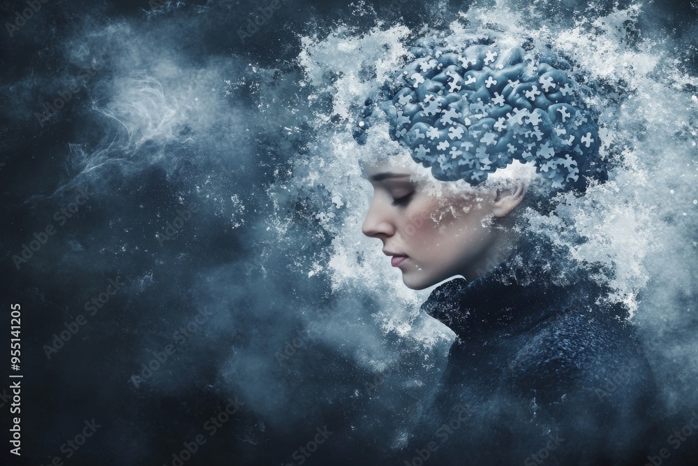 Poster lateral thinking cognition a woman standing in a foggy environment with her head dissolving into clo