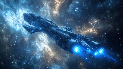 A futuristic spacecraft cruising through deep space, surrounded by distant stars and nebulae, with its engines glowing a bright blue.