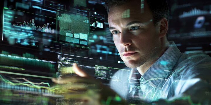 Financial analyst reviewing global financial systems on a digital platform detailed and comprehensive interface