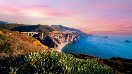 Bixby Bridge ,Rocky Creek Bridge, and Pacific Coast Highway at sunset near Big Sur in California, USA