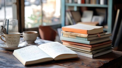 Obraz premium A group of notebooks stacked in a cozy home office, with one notebook open and filled with handwritten ideas, and a warm cup of coffee.