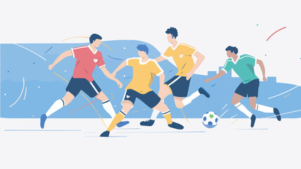 Four soccer players playing soccer game illustration sport athlete competition match tournament team championship field goal football stadium athletic player uniform sportswear background concept