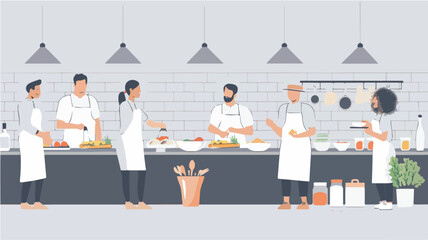 Diverse group of people cooking together in kitchen culinary class teamwork food preparation