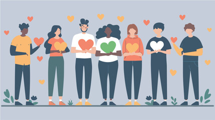 Diverse group of people holding hearts love support unity community togetherness charity volunteering nonprofit donating giving back kindness empathy compassion illustration background