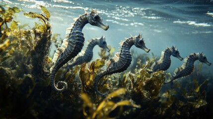Fototapeta premium A group of seahorses drifting together in the ocean, blending seamlessly with the underwater plants, showcasing their delicate and camouflaged appearance.