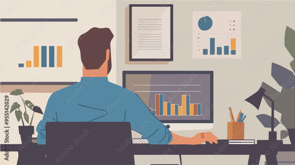 Poster man working at desk in home office with computer monitor analyzing charts and graphs work from home 
