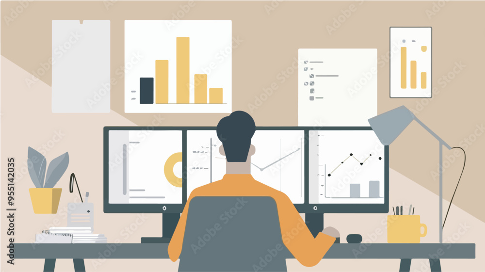 Poster businessman analyzing data on multiple computer screens at desk office workplace workspace business 